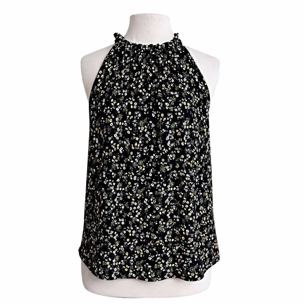 Adrianna Papell Floral Halter Blouse Black Chiffon Boho Cottagecore Top M NWT